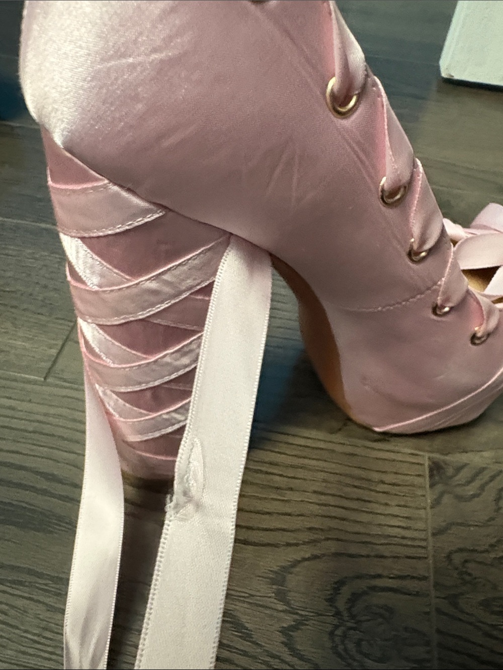 Pink Satin Ribbon-Wrapped Platform Block Heels - Picture 8 of 8